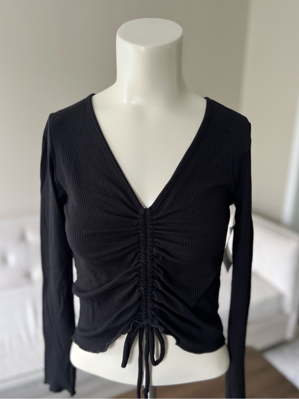 Altar’d State Black Ruched Ribbed Crop Top Feminine Romantic Boho